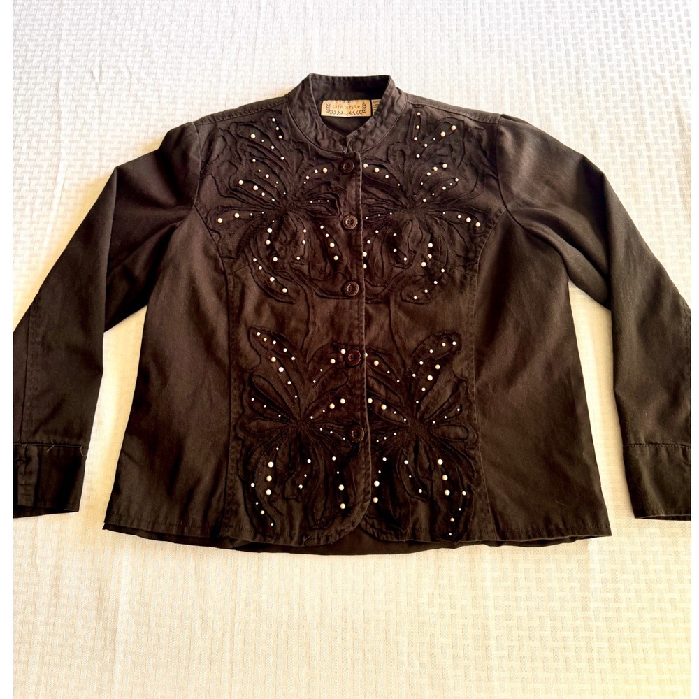 Life Style Vintage Black Butterfly Beaded Embroidered Cotton Jacket Large Boho